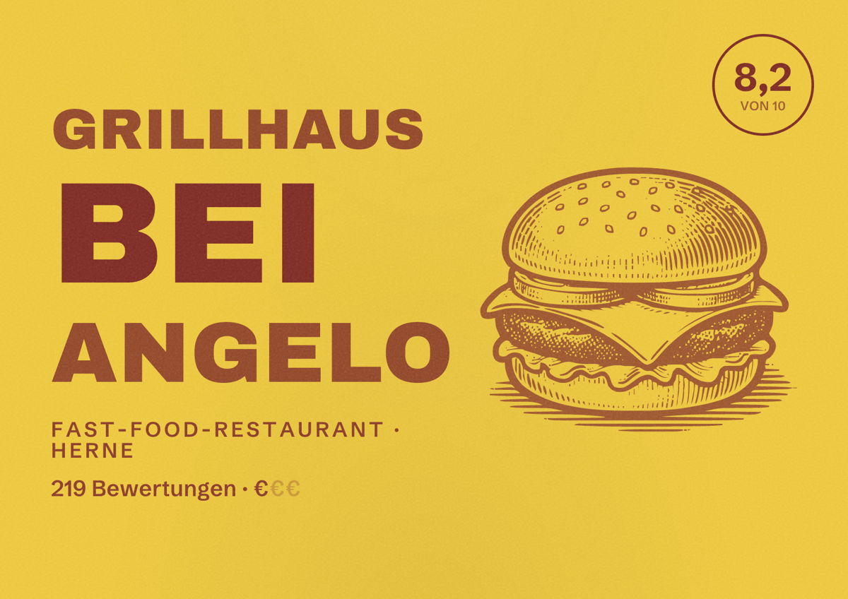 Illustriertes Poster von Grillhaus bei Angelo, Fast-Food-Restaurant in Herne: Bewertung 8,2 von 10 aus 219 Bewertungen, Preisniveau €