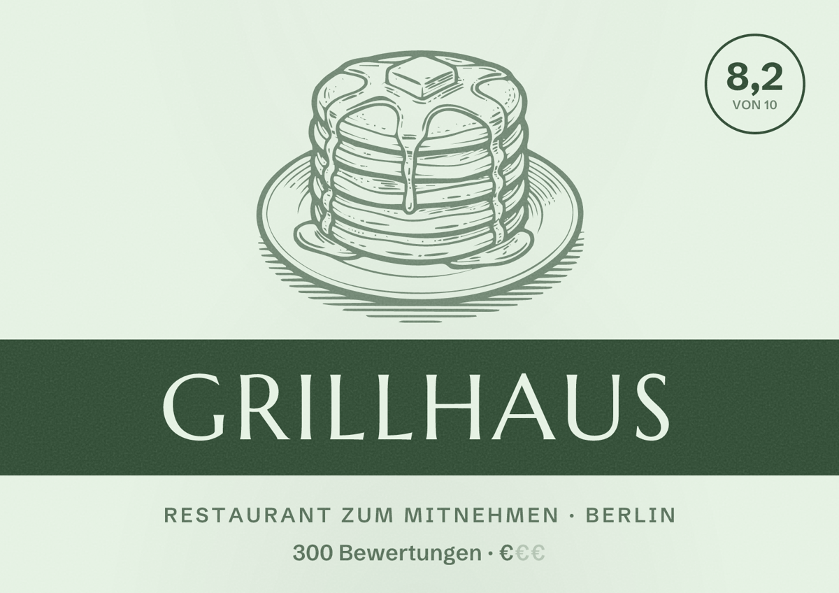 Illustriertes Poster von Grillhaus, Restaurant zum Mitnehmen in Berlin: Bewertung 8,2 von 10 aus 300 Bewertungen, Preisniveau €
