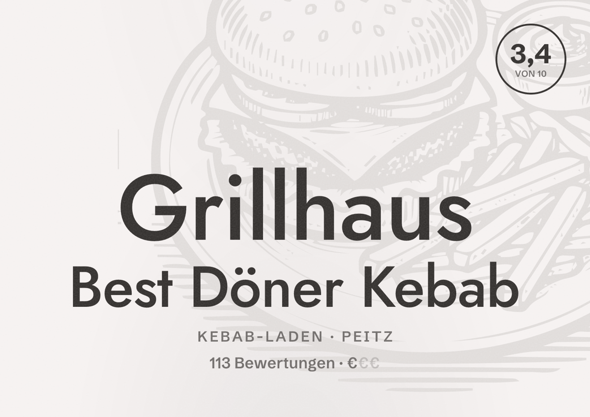 Illustriertes Poster von Grillhaus Best Döner Kebab, Kebab-Laden in Peitz: Bewertung 3,4 von 10 aus 113 Bewertungen, Preisniveau €