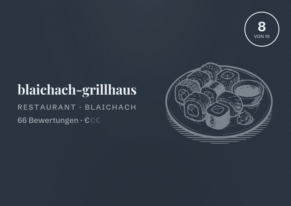 Illustriertes Poster von blaichach-grillhaus, Restaurant in Blaichach: Bewertung 8 von 10 aus 66 Bewertungen, Preisniveau €
