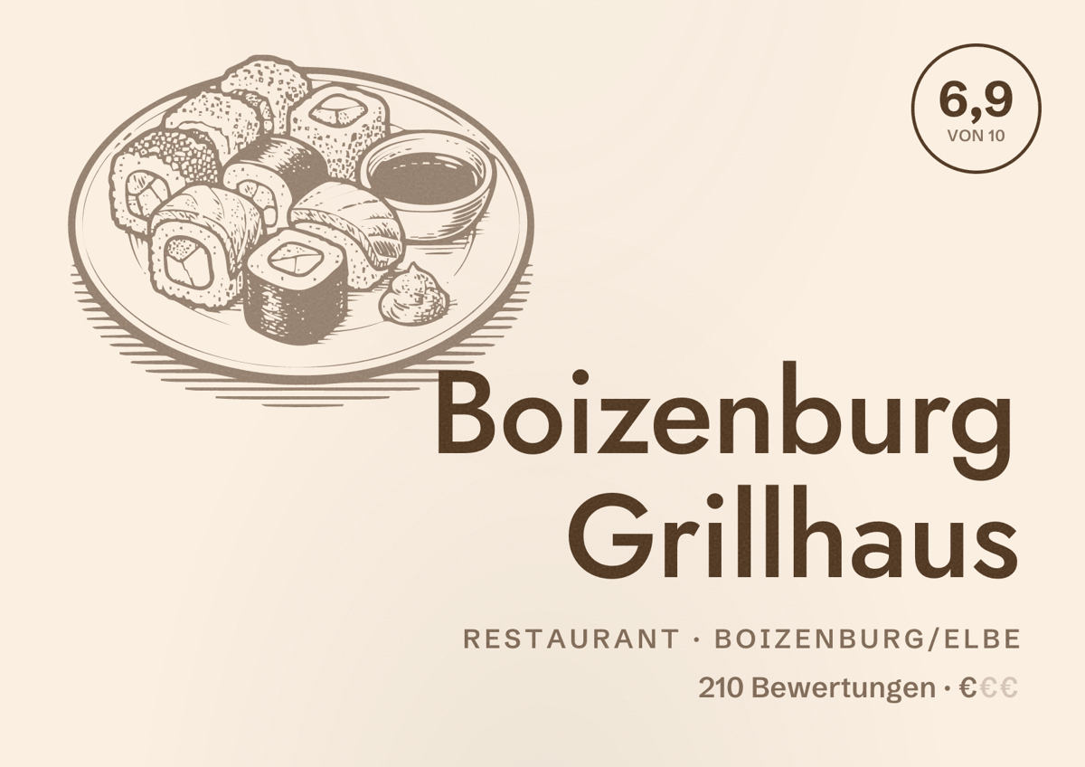 Illustriertes Poster von Boizenburg Grillhaus, Restaurant in Boizenburg/Elbe: Bewertung 6,9 von 10 aus 210 Bewertungen, Preisniveau €