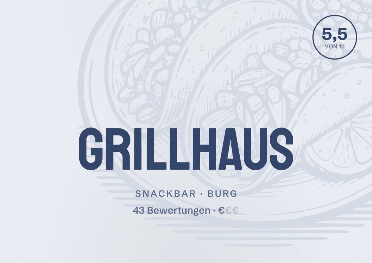 Illustriertes Poster von Grillhaus, Snackbar in Burg: Bewertung 5,5 von 10 aus 43 Bewertungen, Preisniveau €