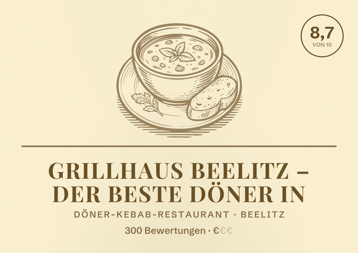 Illustriertes Poster von Grillhaus Beelitz – Der Beste Döner in, Döner-Kebab-Restaurant in Beelitz: Bewertung 8,7 von 10 aus 300 Bewertungen, Preisniveau €