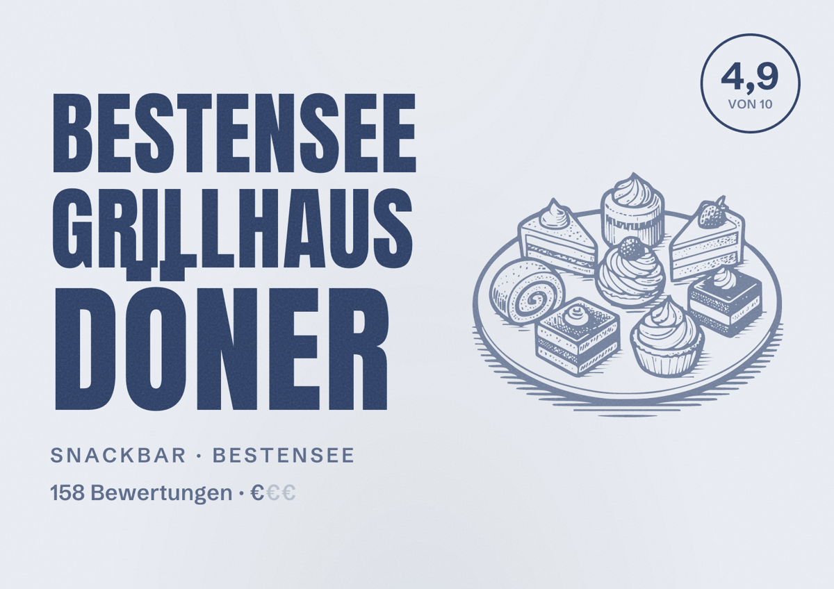 Illustriertes Poster von Bestensee Grillhaus Döner, Snackbar in Bestensee: Bewertung 4,9 von 10 aus 158 Bewertungen, Preisniveau €