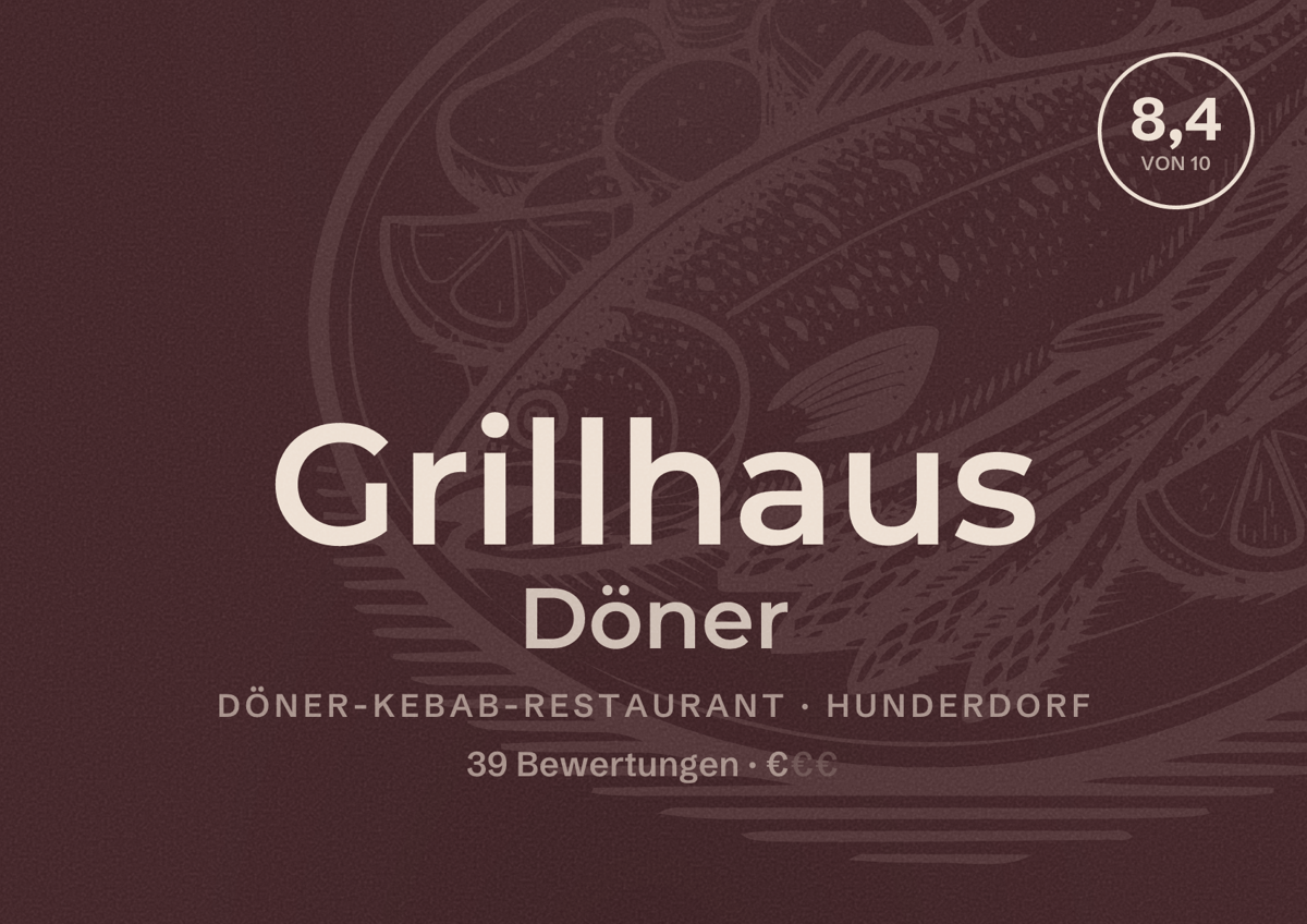 Illustriertes Poster von Grillhaus Döner, Döner-Kebab-Restaurant in Hunderdorf: Bewertung 8,4 von 10 aus 39 Bewertungen, Preisniveau €