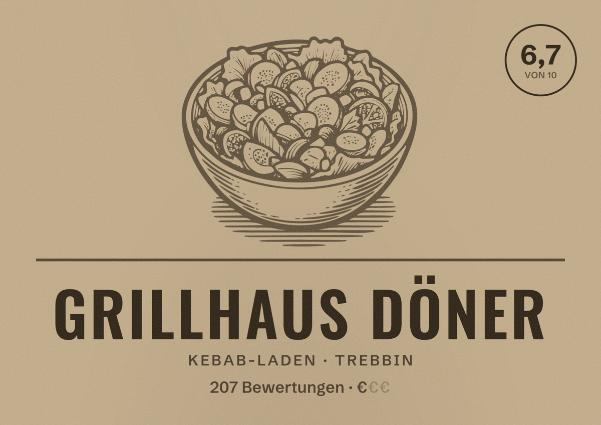 Illustriertes Poster von Grillhaus Döner, Kebab-Laden in Trebbin: Bewertung 6,7 von 10 aus 207 Bewertungen, Preisniveau €