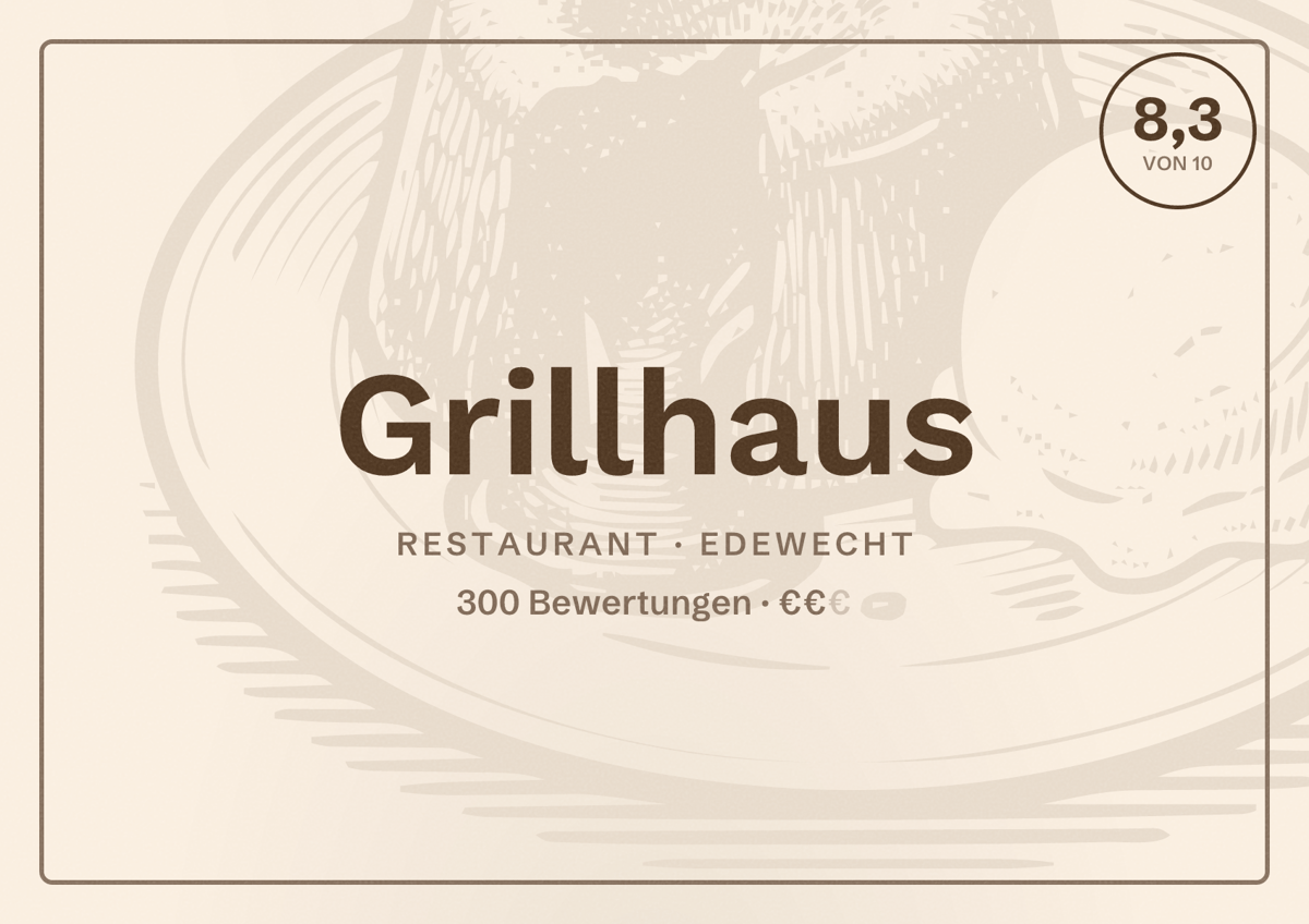 Illustriertes Poster von Grillhaus, Restaurant in Edewecht: Bewertung 8,3 von 10 aus 300 Bewertungen, Preisniveau €€
