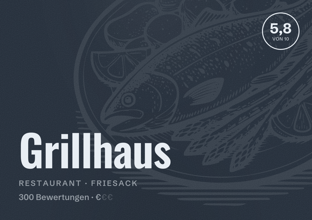 Illustriertes Poster von Grillhaus, Restaurant in Friesack: Bewertung 5,8 von 10 aus 300 Bewertungen, Preisniveau €