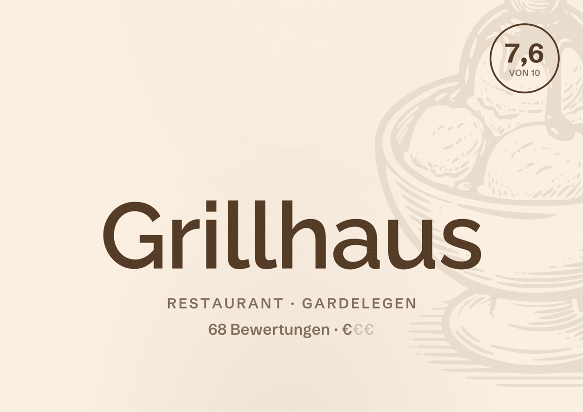 Illustriertes Poster von Grillhaus, Restaurant in Gardelegen: Bewertung 7,6 von 10 aus 68 Bewertungen, Preisniveau €