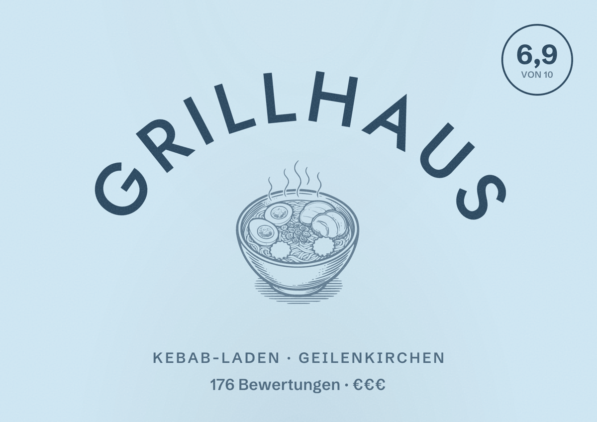 Illustriertes Poster von Grillhaus, Kebab-Laden in Geilenkirchen: Bewertung 6,9 von 10 aus 176 Bewertungen, Preisniveau €€€