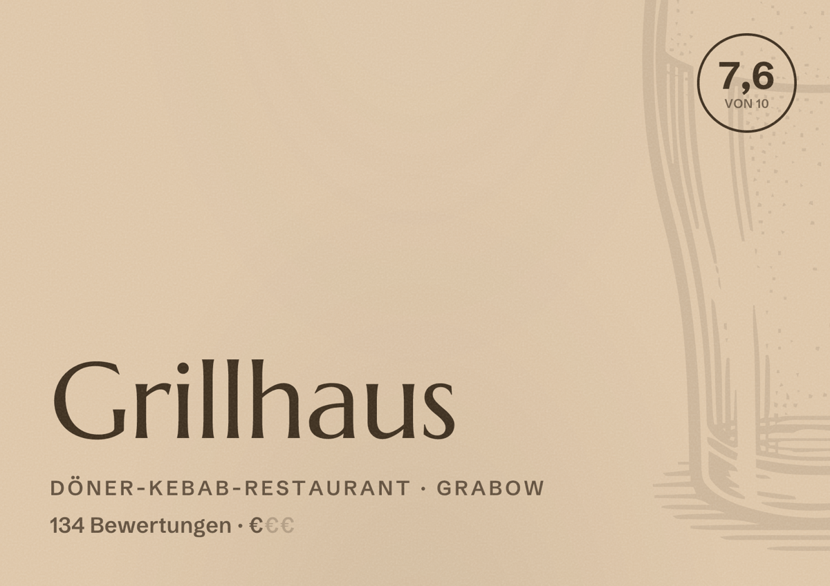 Illustriertes Poster von Grillhaus, Döner-Kebab-Restaurant in Grabow: Bewertung 7,6 von 10 aus 134 Bewertungen, Preisniveau €