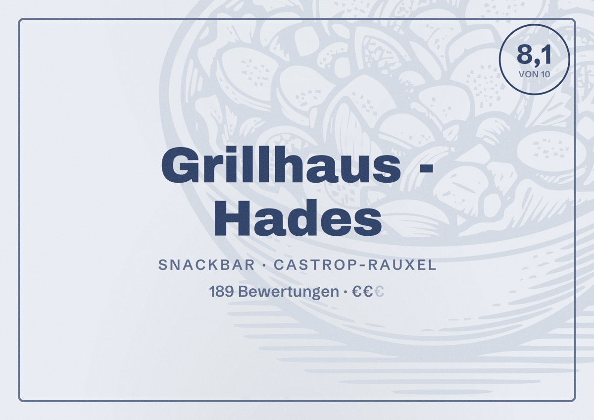 Illustriertes Poster von Grillhaus - Hades, Snackbar in Castrop-Rauxel: Bewertung 8,1 von 10 aus 189 Bewertungen, Preisniveau €€
