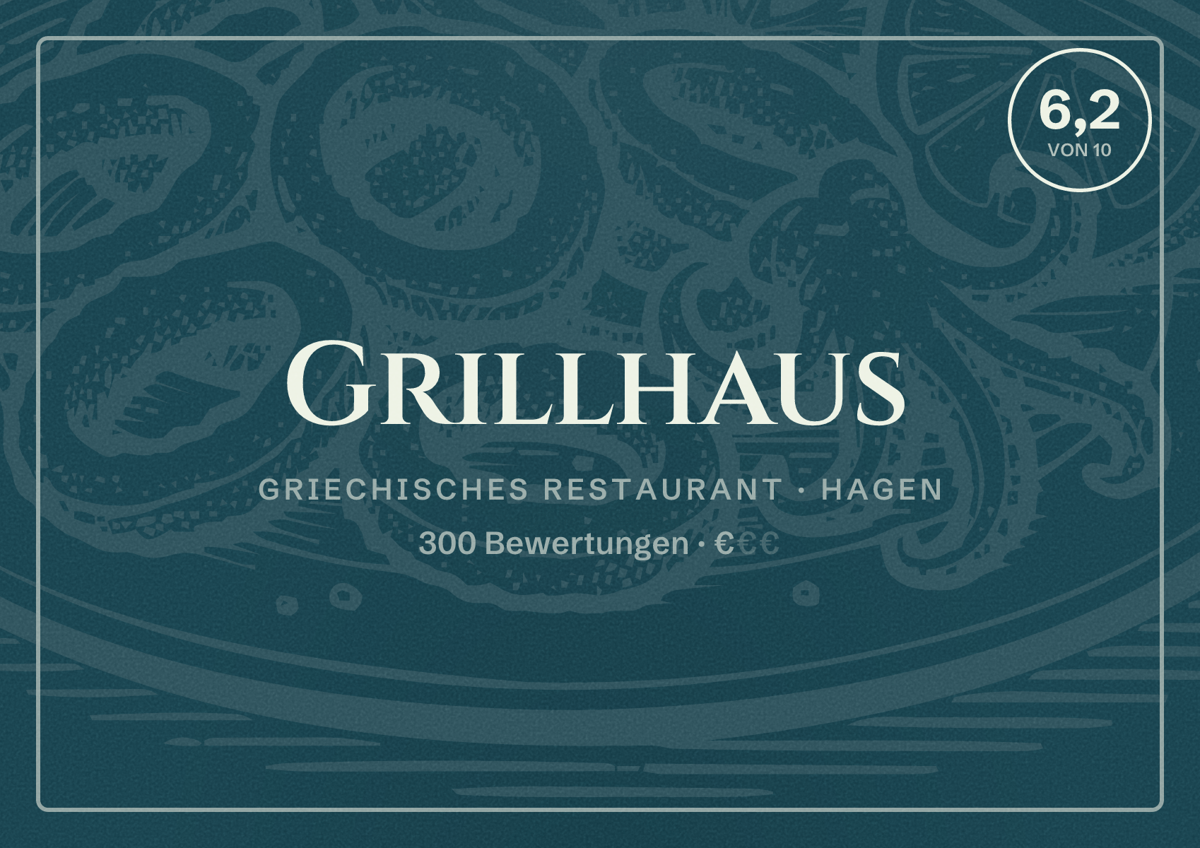 Illustriertes Poster von Grillhaus, Griechisches Restaurant in Hagen: Bewertung 6,2 von 10 aus 300 Bewertungen, Preisniveau €