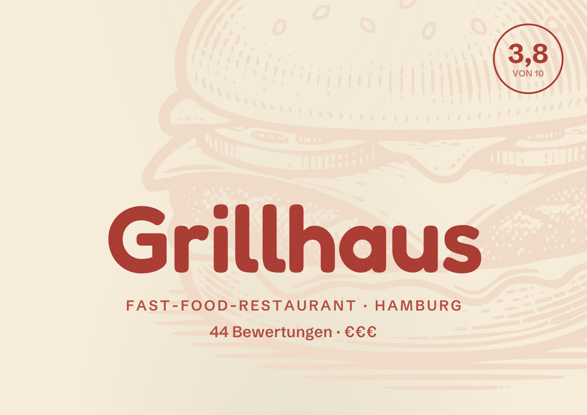Illustriertes Poster von Grillhaus, Fast-Food-Restaurant in Hamburg: Bewertung 3,8 von 10 aus 44 Bewertungen, Preisniveau €€€