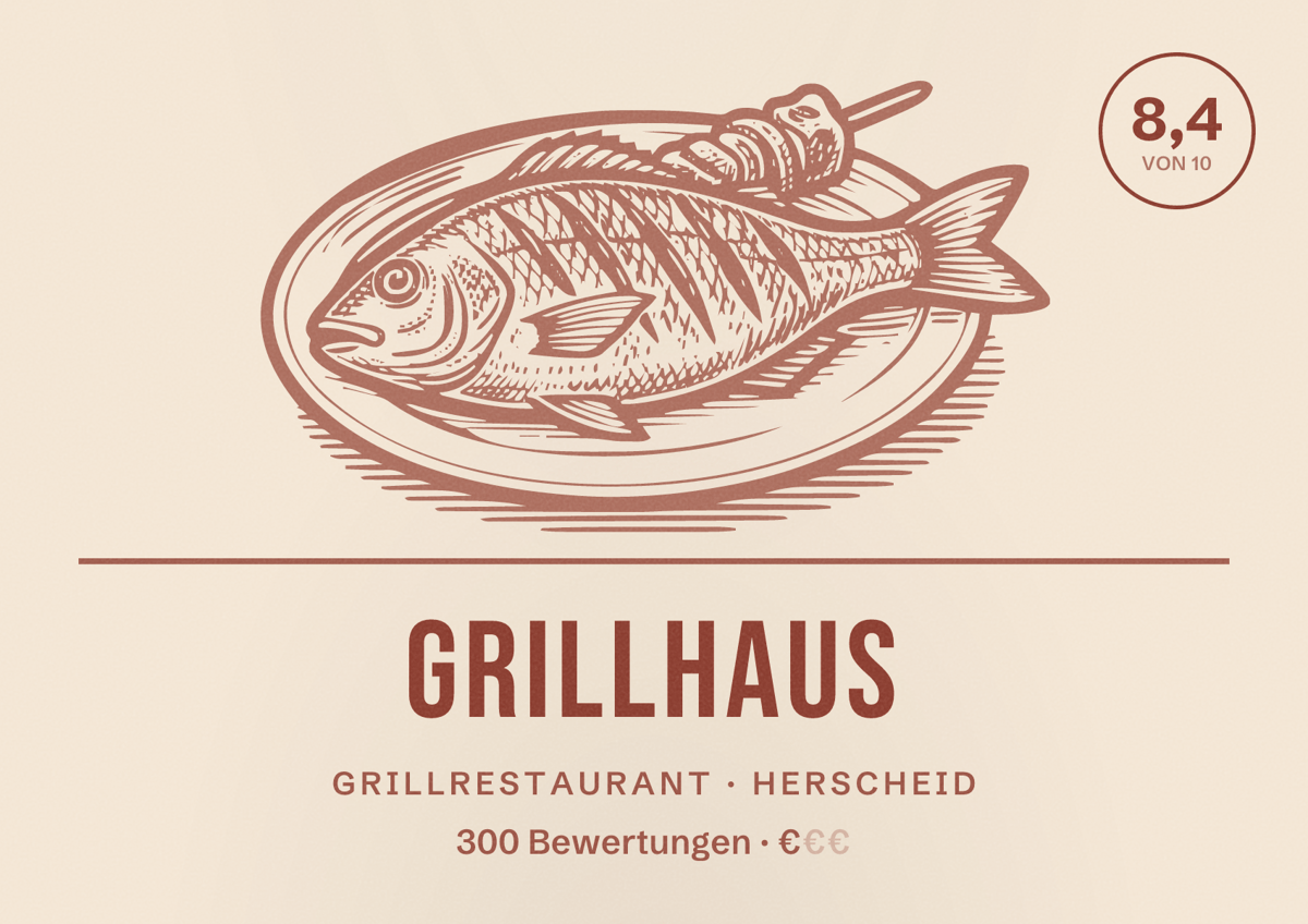 Illustriertes Poster von grillhaus, Grillrestaurant in Herscheid: Bewertung 8,4 von 10 aus 300 Bewertungen, Preisniveau €