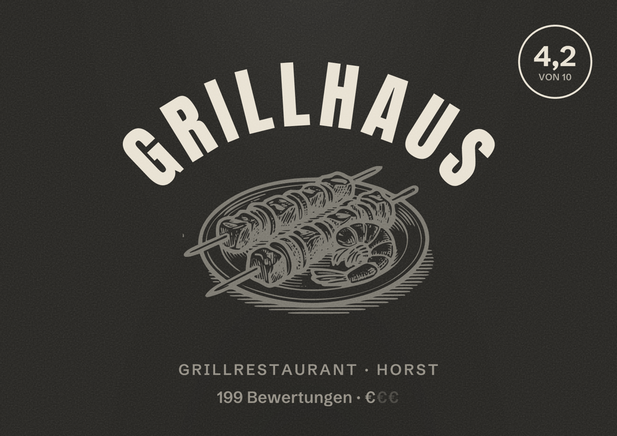 Illustriertes Poster von Grillhaus, Grillrestaurant in Horst: Bewertung 4,2 von 10 aus 199 Bewertungen, Preisniveau €