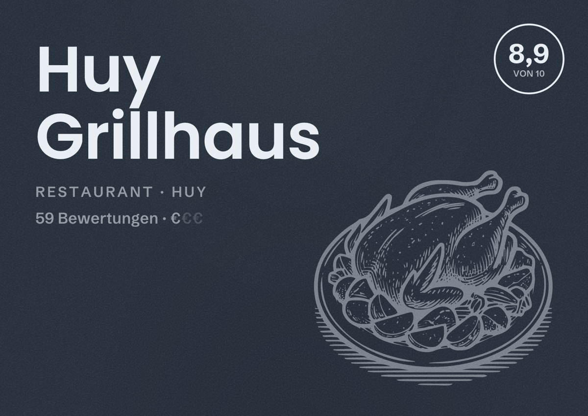 Illustriertes Poster von Huy Grillhaus, Restaurant in Huy: Bewertung 8,9 von 10 aus 59 Bewertungen, Preisniveau €