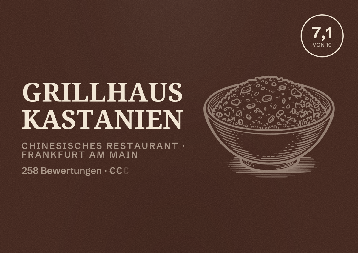 Illustriertes Poster von Grillhaus Kastanien, Chinesisches Restaurant in Frankfurt am Main: Bewertung 7,1 von 10 aus 258 Bewertungen, Preisniveau €€