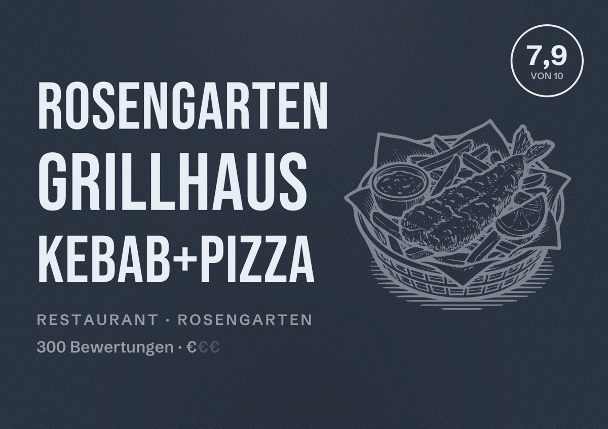 Illustriertes Poster von Rosengarten Grillhaus Kebab+Pizza, Restaurant in Rosengarten: Bewertung 7,9 von 10 aus 300 Bewertungen, Preisniveau €