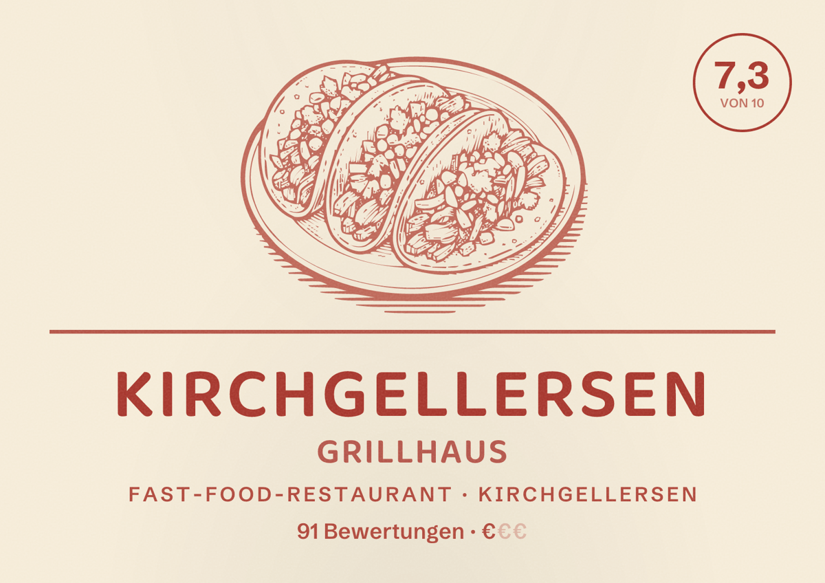 Illustriertes Poster von Kirchgellersen Grillhaus, Fast-Food-Restaurant in Kirchgellersen: Bewertung 7,3 von 10 aus 91 Bewertungen, Preisniveau €