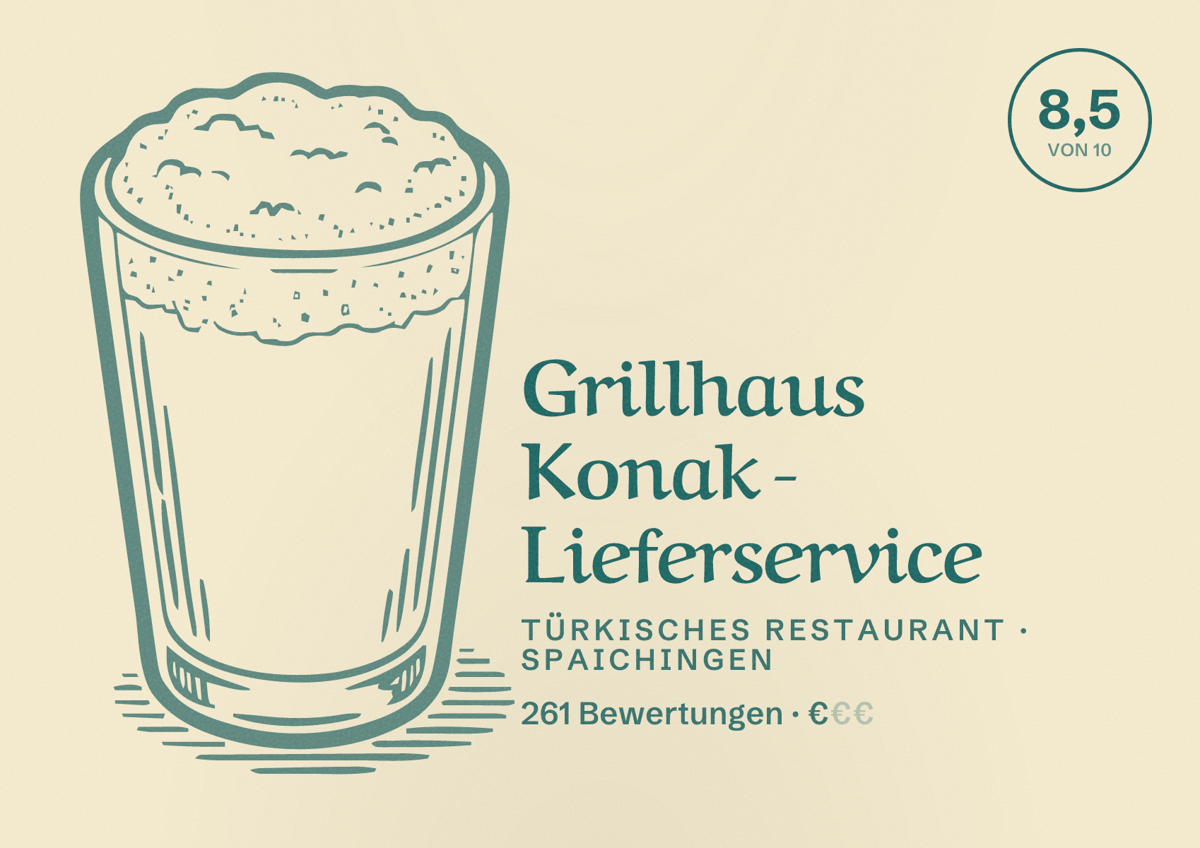 Illustriertes Poster von Grillhaus Konak - Lieferservice, Türkisches Restaurant in Spaichingen: Bewertung 8,5 von 10 aus 261 Bewertungen, Preisniveau €