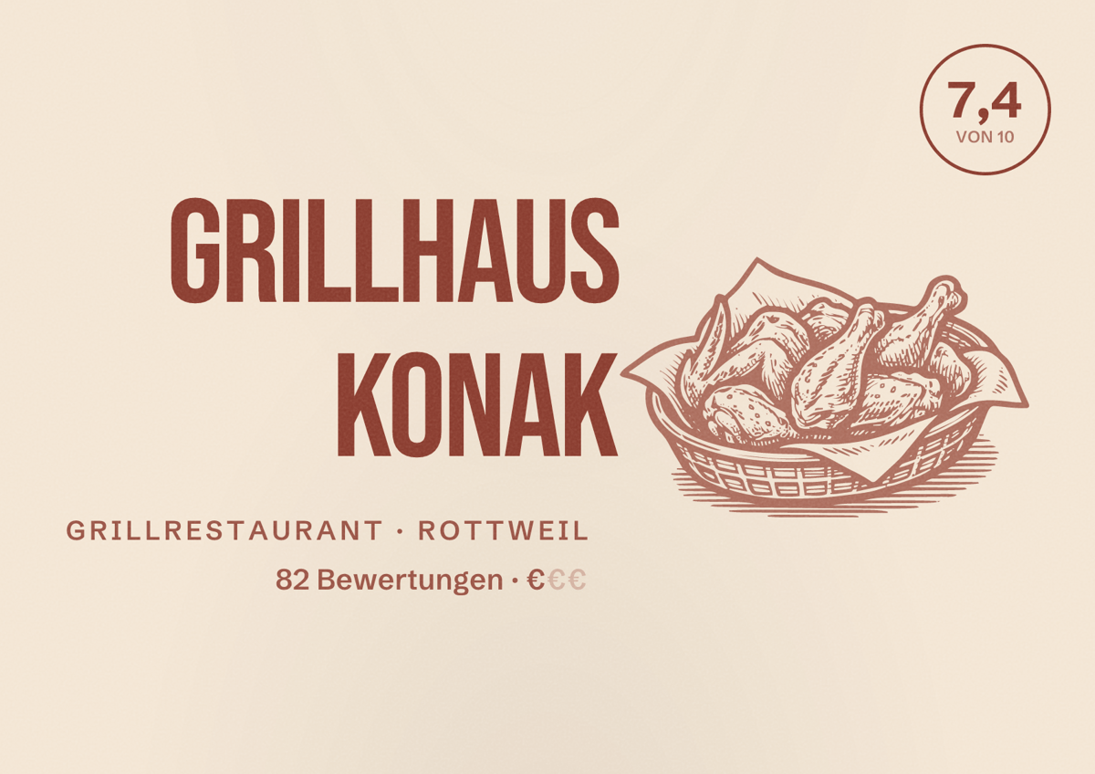 Illustriertes Poster von Grillhaus Konak, Grillrestaurant in Rottweil: Bewertung 7,4 von 10 aus 82 Bewertungen, Preisniveau €