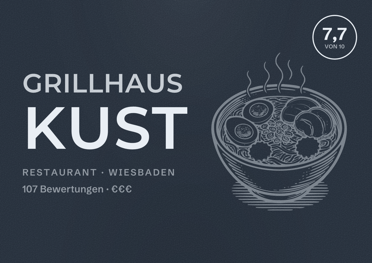 Illustriertes Poster von Grillhaus Kust, Restaurant in Wiesbaden: Bewertung 7,7 von 10 aus 107 Bewertungen, Preisniveau €€€