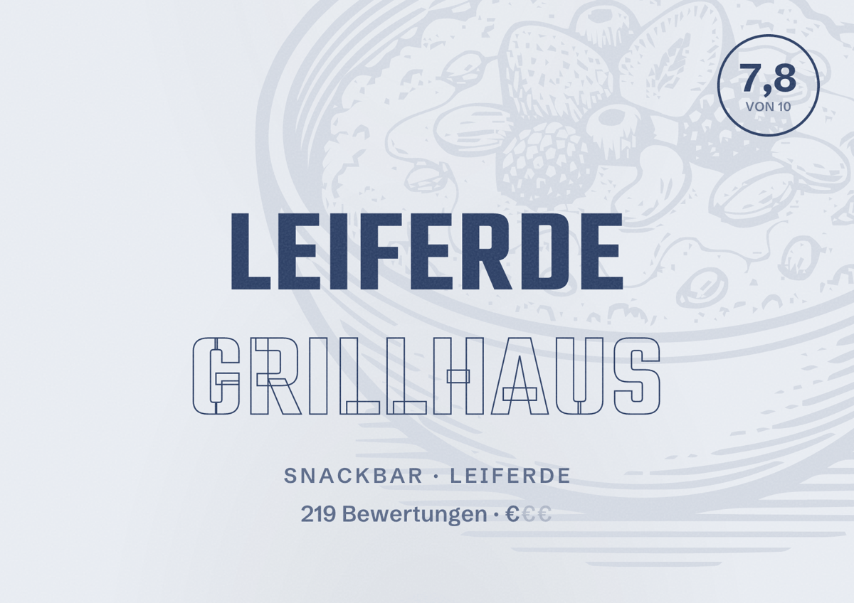 Illustriertes Poster von Leiferde Grillhaus, Snackbar in Leiferde: Bewertung 7,8 von 10 aus 219 Bewertungen, Preisniveau €