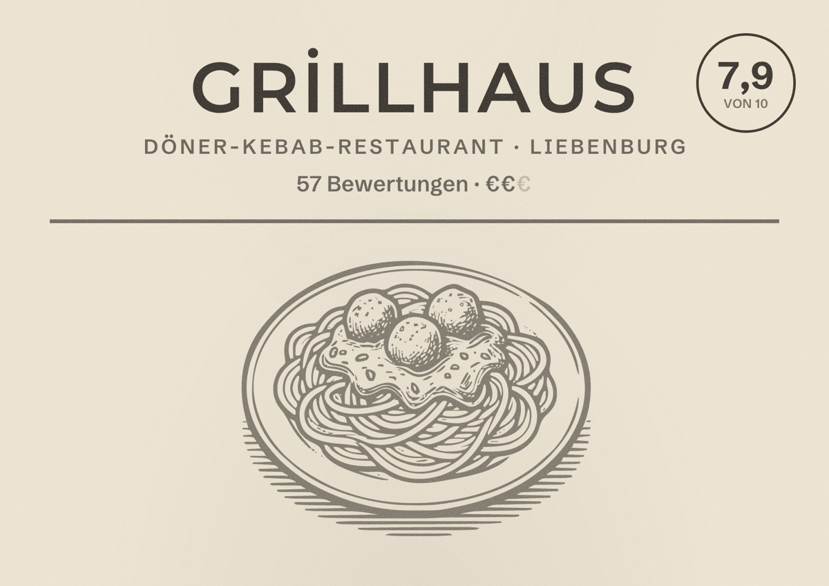 Illustriertes Poster von GRİLLHAUS, Döner-Kebab-Restaurant in Liebenburg: Bewertung 7,9 von 10 aus 57 Bewertungen, Preisniveau €€