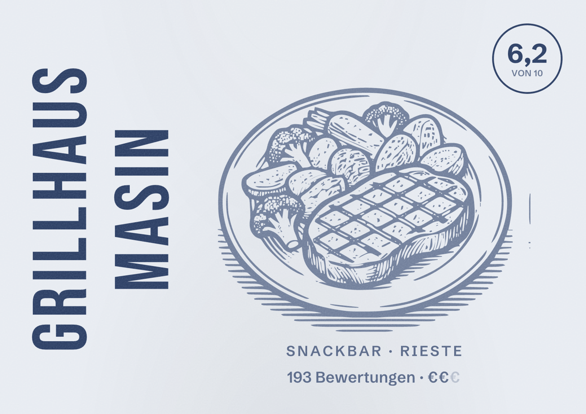 Illustriertes Poster von Grillhaus Masin, Snackbar in Rieste: Bewertung 6,2 von 10 aus 193 Bewertungen, Preisniveau €€