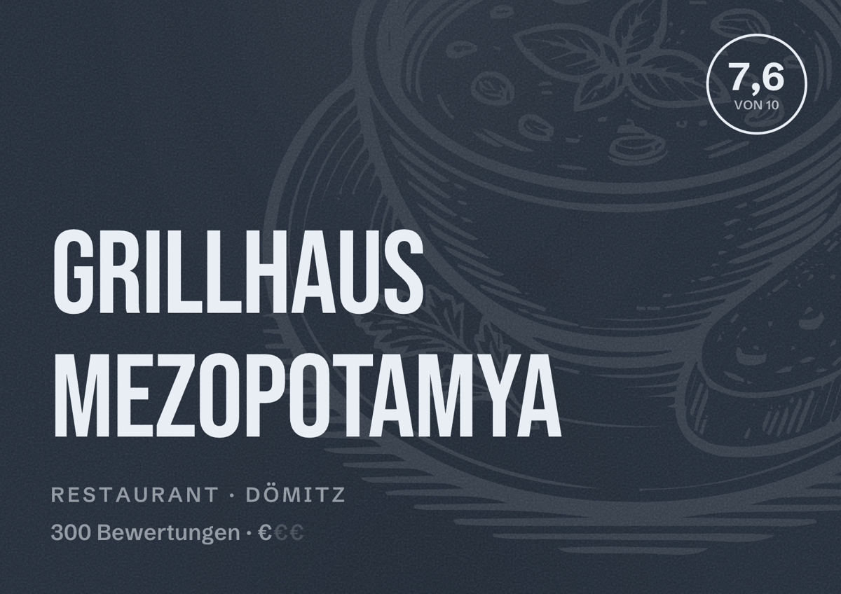 Illustriertes Poster von Grillhaus Mezopotamya, Restaurant in Dömitz: Bewertung 7,6 von 10 aus 300 Bewertungen, Preisniveau €