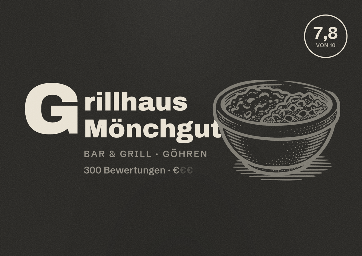 Illustriertes Poster von Grillhaus Mönchgut, Bar & Grill in Göhren: Bewertung 7,8 von 10 aus 300 Bewertungen, Preisniveau €