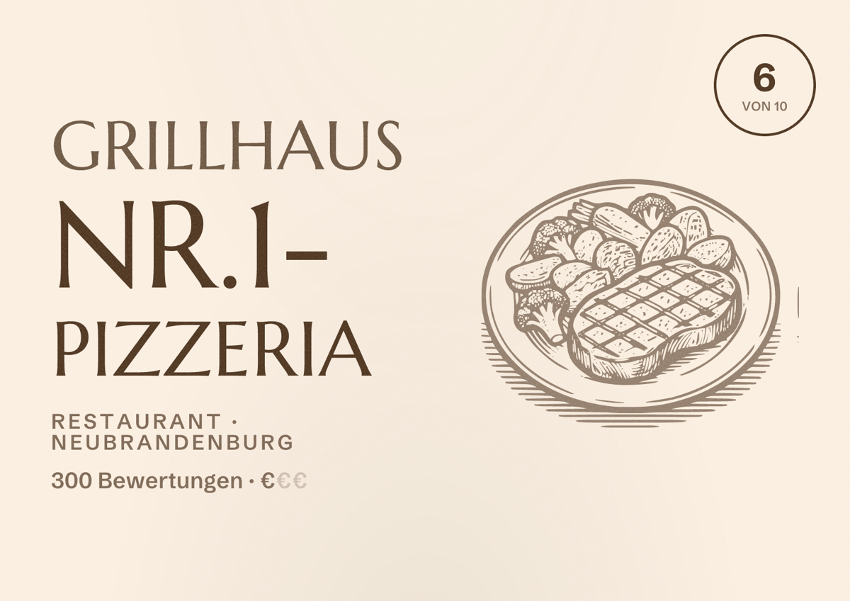 Illustriertes Poster von Grillhaus Nr.1- Pizzeria, Restaurant in Neubrandenburg: Bewertung 6 von 10 aus 300 Bewertungen, Preisniveau €