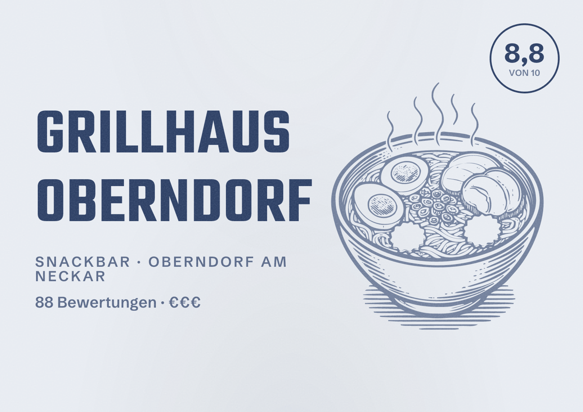 Illustriertes Poster von Grillhaus Oberndorf, Snackbar in Oberndorf am Neckar: Bewertung 8,8 von 10 aus 88 Bewertungen, Preisniveau €€€