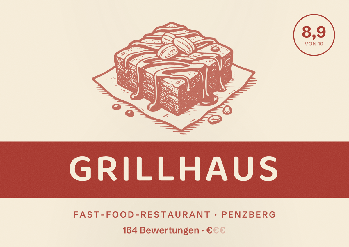 Illustriertes Poster von Grillhaus, Fast-Food-Restaurant in Penzberg: Bewertung 8,9 von 10 aus 164 Bewertungen, Preisniveau €