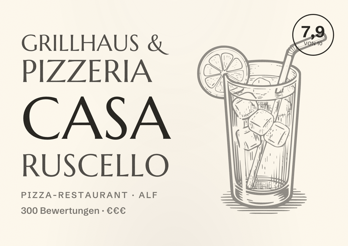 Illustriertes Poster von Grillhaus & Pizzeria Casa Ruscello, Pizza-Restaurant in Alf: Bewertung 7,9 von 10 aus 300 Bewertungen, Preisniveau €€€