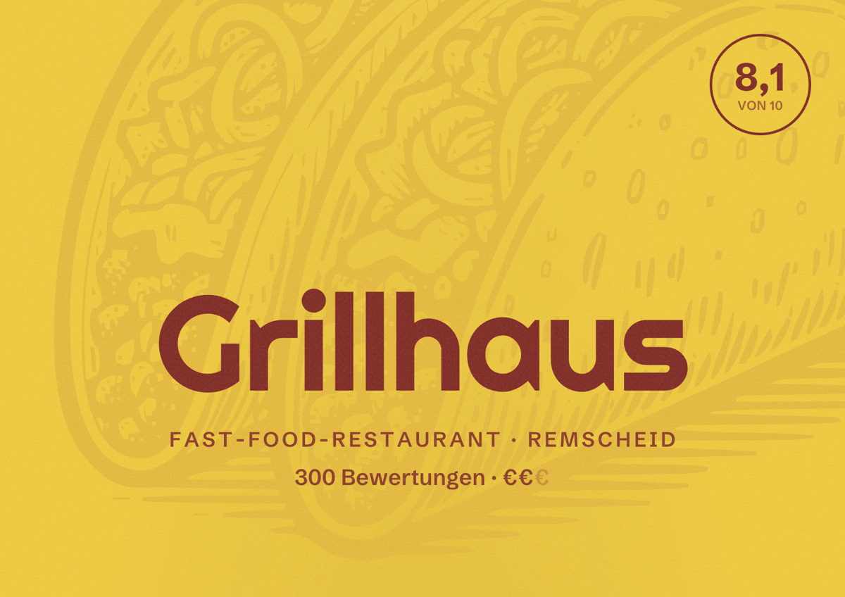 Illustriertes Poster von Grillhaus, Fast-Food-Restaurant in Remscheid: Bewertung 8,1 von 10 aus 300 Bewertungen, Preisniveau €€