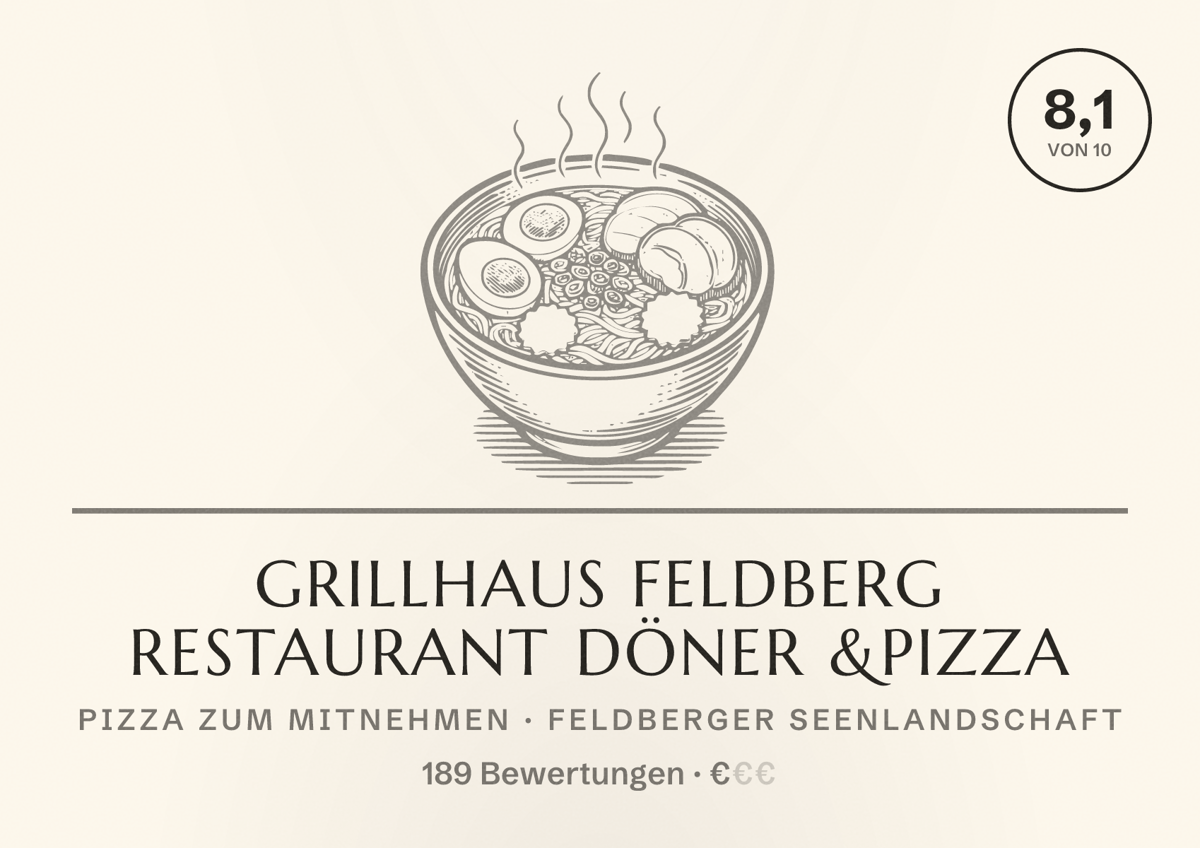 Illustriertes Poster von Grillhaus Feldberg Restaurant Döner &Pizza, Pizza zum Mitnehmen in Feldberger Seenlandschaft: Bewertung 8,1 von 10 aus 189 Bewertungen, Preisniveau €