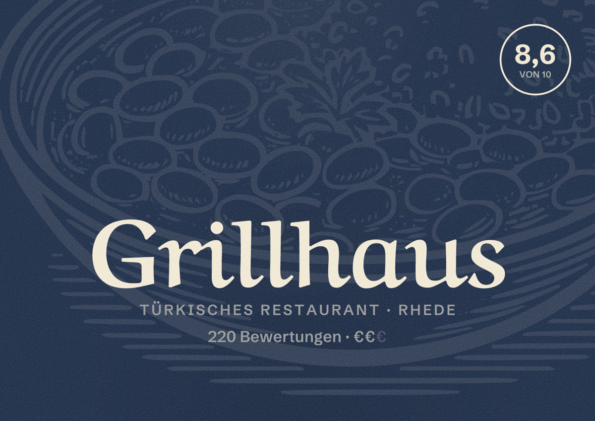 Illustriertes Poster von Grillhaus, Türkisches Restaurant in Rhede: Bewertung 8,6 von 10 aus 220 Bewertungen, Preisniveau €€
