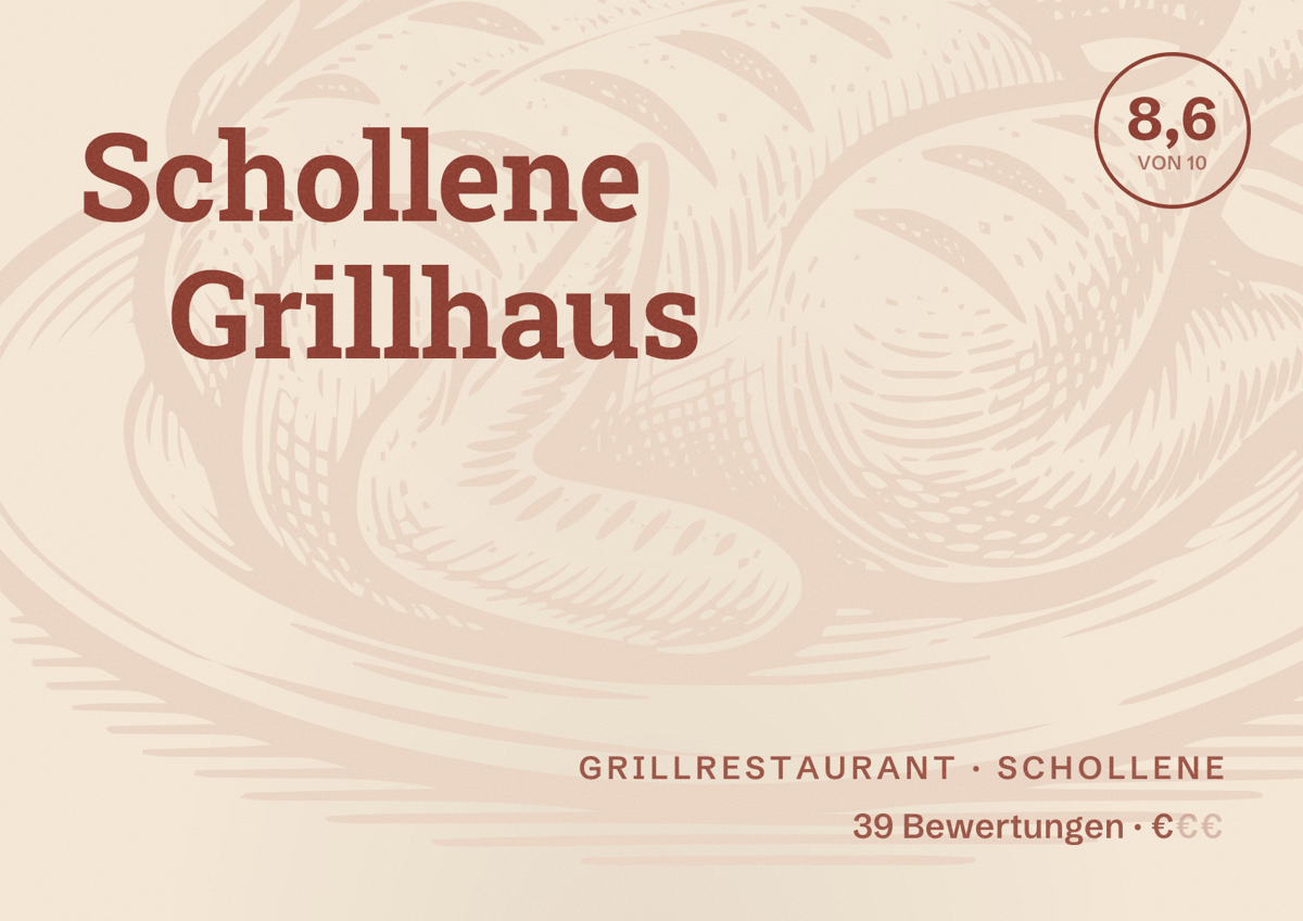Illustriertes Poster von Schollene Grillhaus, Grillrestaurant in Schollene: Bewertung 8,6 von 10 aus 39 Bewertungen, Preisniveau €
