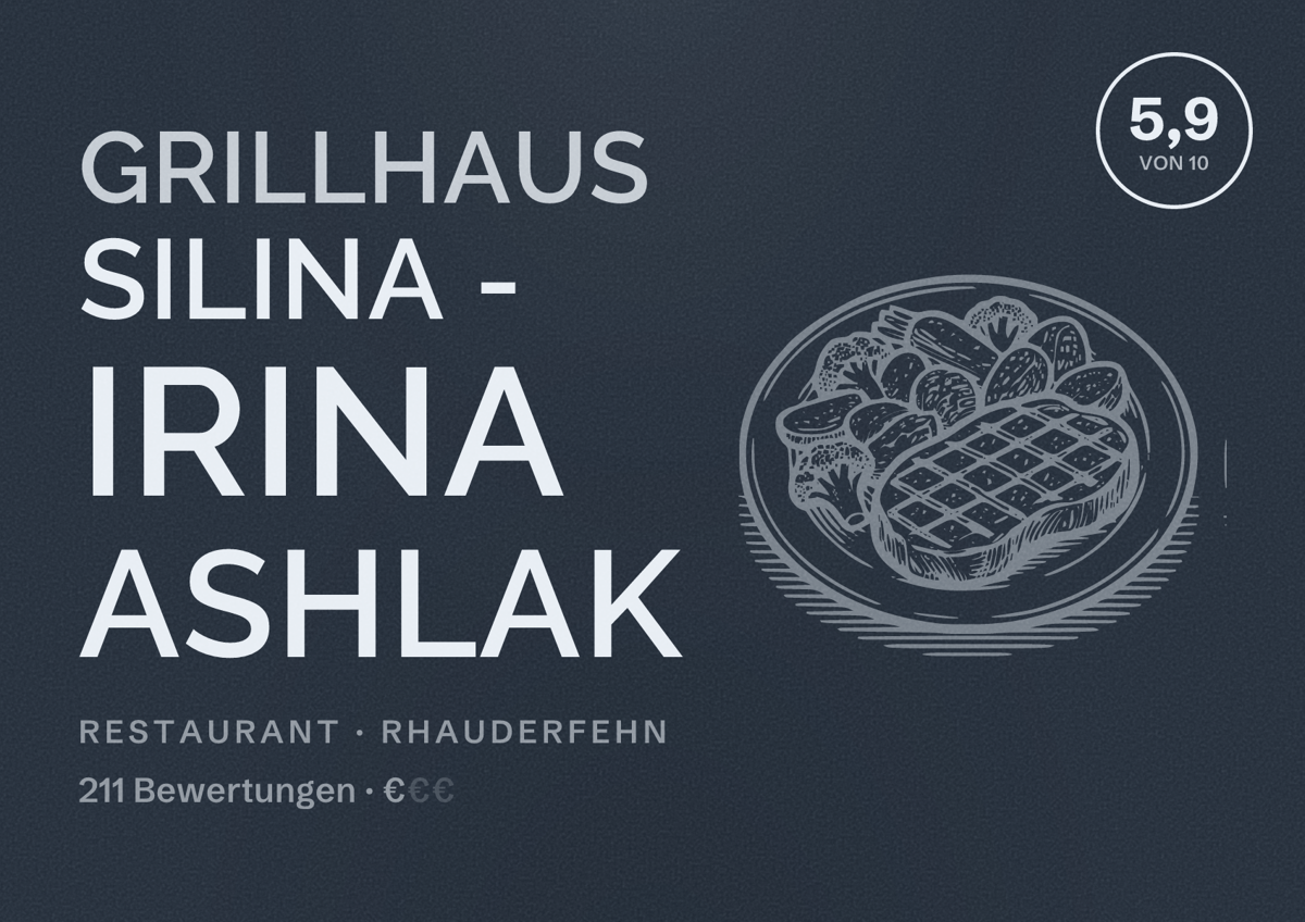 Illustriertes Poster von Grillhaus Silina - Irina Ashlak, Restaurant in Rhauderfehn: Bewertung 5,9 von 10 aus 211 Bewertungen, Preisniveau €