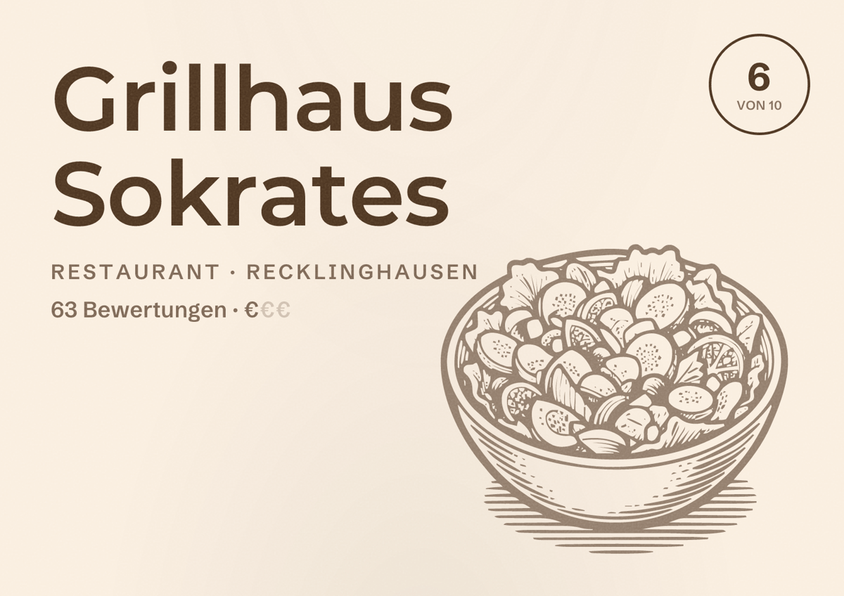 Illustriertes Poster von Grillhaus Sokrates, Restaurant in Recklinghausen: Bewertung 6 von 10 aus 63 Bewertungen, Preisniveau €