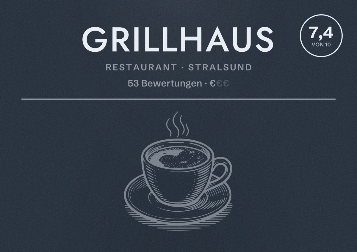 Illustriertes Poster von Grillhaus, Restaurant in Stralsund: Bewertung 7,4 von 10 aus 53 Bewertungen, Preisniveau €