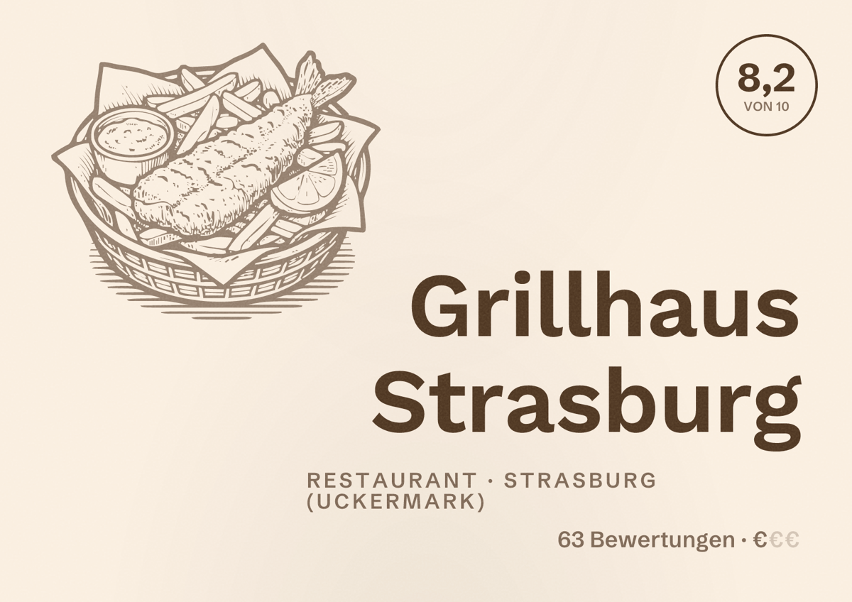 Illustriertes Poster von Grillhaus Strasburg, Restaurant in Strasburg (Uckermark): Bewertung 8,2 von 10 aus 63 Bewertungen, Preisniveau €