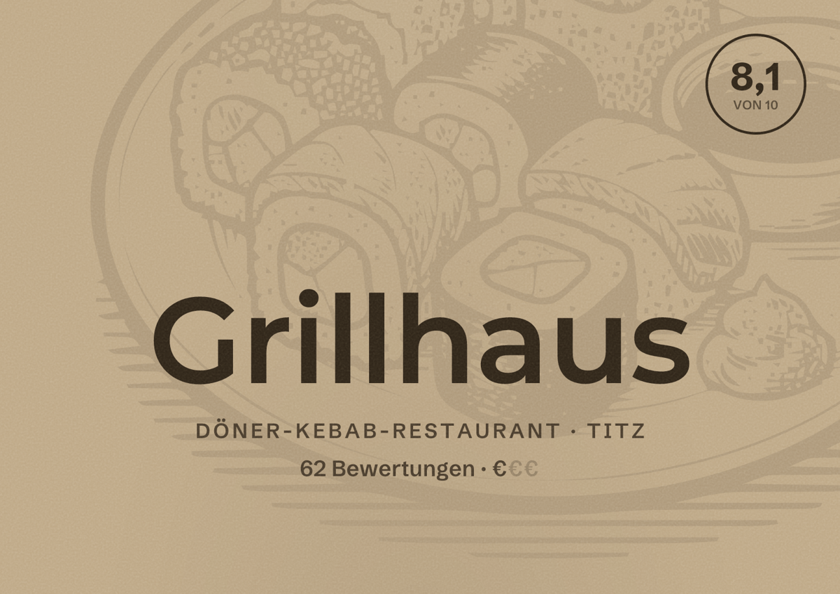 Illustriertes Poster von Grillhaus, Döner-Kebab-Restaurant in Titz: Bewertung 8,1 von 10 aus 62 Bewertungen, Preisniveau €