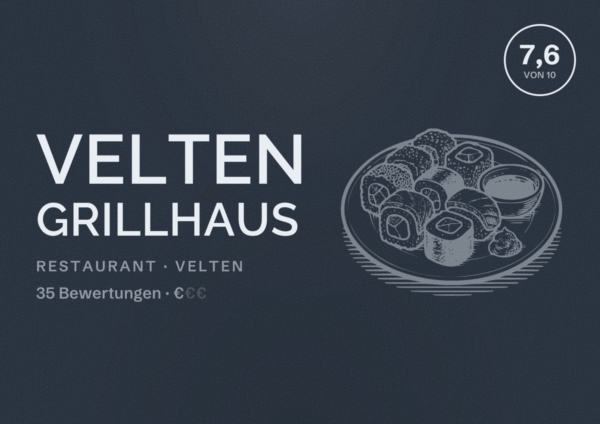 Illustriertes Poster von Velten Grillhaus, Restaurant in Velten: Bewertung 7,6 von 10 aus 35 Bewertungen, Preisniveau €