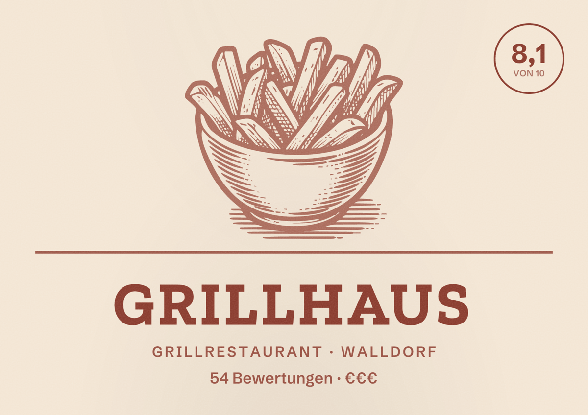 Illustriertes Poster von Grillhaus, Grillrestaurant in Walldorf: Bewertung 8,1 von 10 aus 54 Bewertungen, Preisniveau €€€