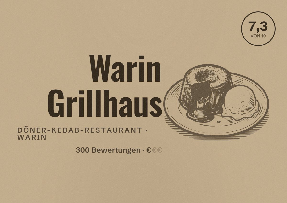 Illustriertes Poster von Warin Grillhaus, Döner-Kebab-Restaurant in Warin: Bewertung 7,3 von 10 aus 300 Bewertungen, Preisniveau €