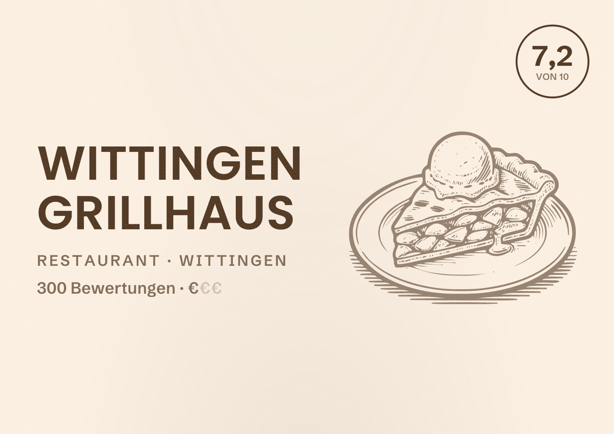 Illustriertes Poster von Wittingen Grillhaus, Restaurant in Wittingen: Bewertung 7,2 von 10 aus 300 Bewertungen, Preisniveau €