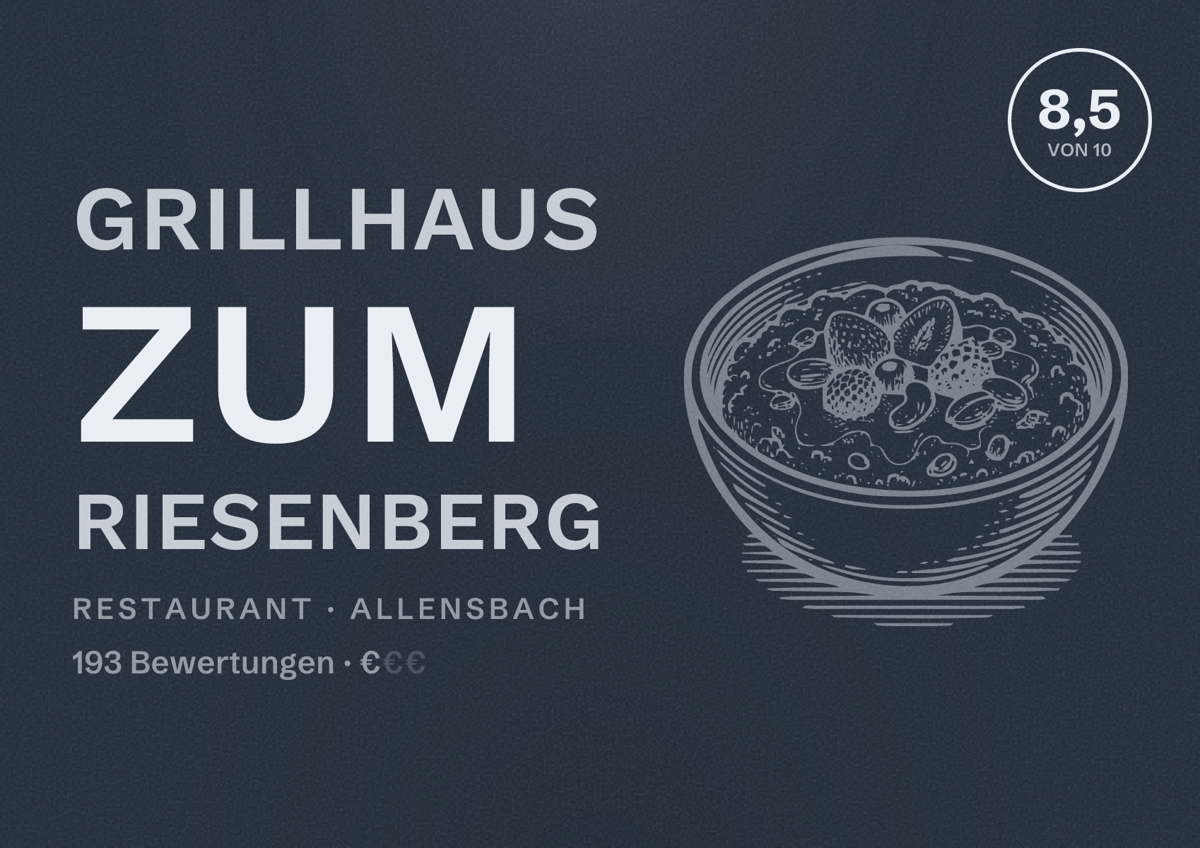 Illustriertes Poster von Grillhaus zum Riesenberg, Restaurant in Allensbach: Bewertung 8,5 von 10 aus 193 Bewertungen, Preisniveau €
